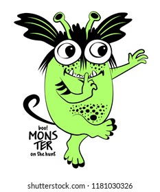 Vector green monster. Hand drawn illustration of angry cartoon monster. Monster on the hunt. 1