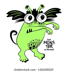 Vector green monster. Hand drawn illustration of angry cartoon monster. Monster on the hunt. 2