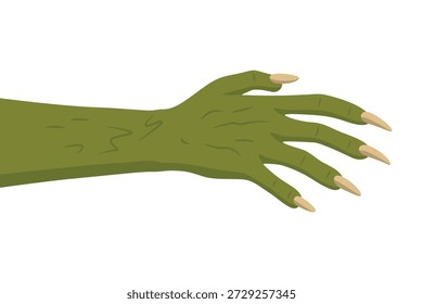 Vector Green Monster Hand with Long Sharp Claws. Halloween Creature Arm Isolated. Scary Fantasy Beast Limb, Horror Cartoon Vector Illustration for Spooky Design
