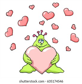 Vector green monster in love. Hand drawn illustration