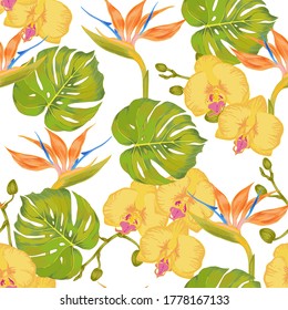 Vector green monstera leaf, strelitzia flower, orchid flower Hawaiian seamless pattern. 