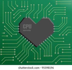 Vector green motherboard with a heart shape CPU