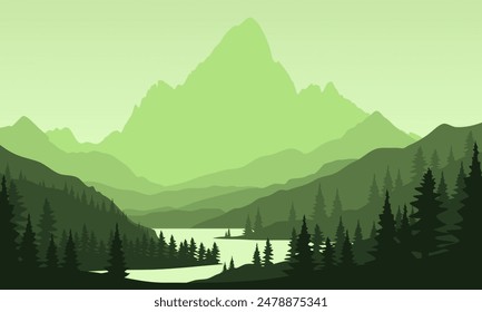 Vector green mountain landscape with clean sky, calm river and tree silhouettes