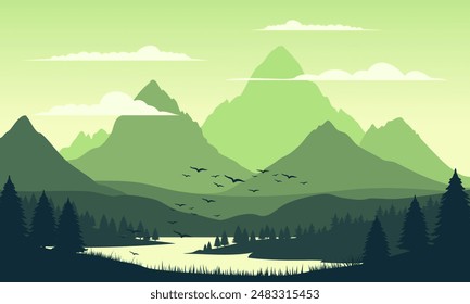 Vector green mountain landscape with clean sky, calm river,birds flying and pine trees silhouettes