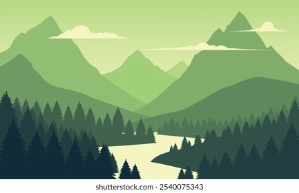 Vector green mountain landscape with clean sky, calm river and pine trees silhouettes