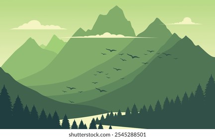 Vector green mountain landscape with clean sky, calm river, birds flying and pine trees silhouettes