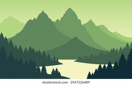 Vector green mountain landscape with clean sky, calm river and pine trees silhouettes