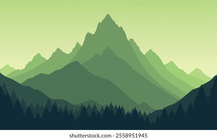 Vector green mountain landscape with clean sky, calm river and pine trees silhouettes