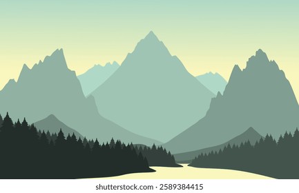 Vector green mountain landscape with clean sky, calm river and pine trees silhouettes