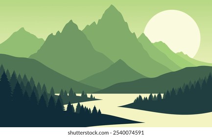 Vector green mountain landscape with clear sky, sunset behind the mountains and silhouettes of trees and calm lake water