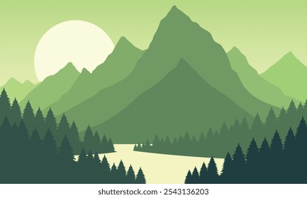 Vektor grüne Berglandschaft mit klarem Himmel, Sonnenuntergang hinter den Bergen und Silhouetten von Bäumen und ruhigen See Wasser