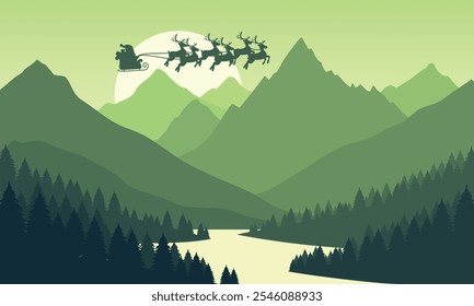 Paisaje montañoso verde Vector con cielo despejado, Papá Noel, Navidad, puesta de sol detrás de las montañas y siluetas de árboles y aguas tranquilas del lago