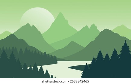 Vector green mountain landscape with clear sky, sunset behind the mountains and silhouettes of trees