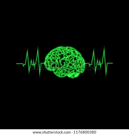 Vector Green Neon Brain with Pulse, Graphic Design Element, Shining Lines.