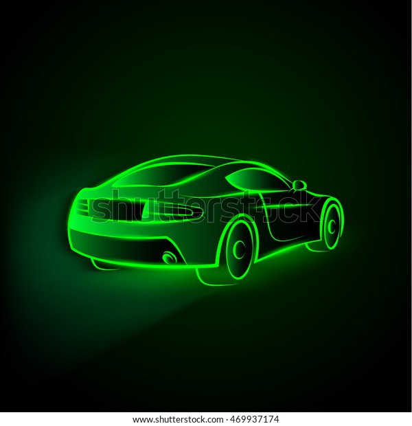Vector green neon car in motion. Linear auto\
illustration on a black\
background.