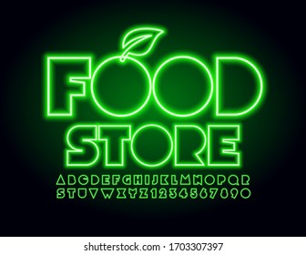 Vector  green neon logo Food Store with electric creative Font. Glowing Alphabet Letters and Numbers