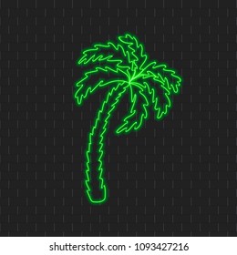 Vector Green Neon Palm, Glowing Summer Illustration on Dark Brick Wall Background.