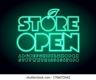 Signo de neón verde vectorial abierto tienda. Fuente eléctrica creativa. Letras y números alfabetos brillantes