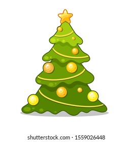 Vector green new year tree with yellow cheese balls and a star. Bright christmas illustration in a cartoon style. Cute x-mas tree.