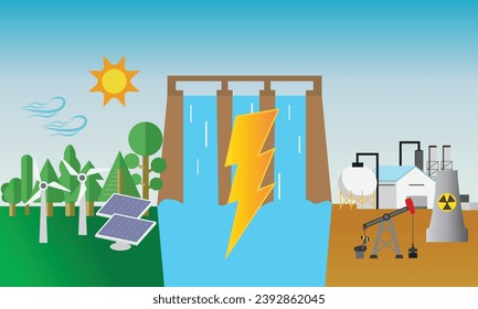 A vector of green and non green energy with electric symbol.