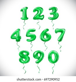 vector green number 1, 2, 3, 4, 5, 6, 7, 8, 9, 0 metallic balloon. Party decoration golden balloons. Anniversary sign for happy holiday, celebration, birthday, carnival, new year. art