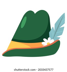 Sombrero verde vectorial de oktoberfest con flor y plumas sobre fondo blanco.