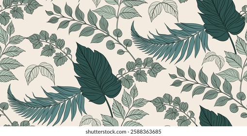 Vector Green and Olive Foliage Pattern on Beige Base