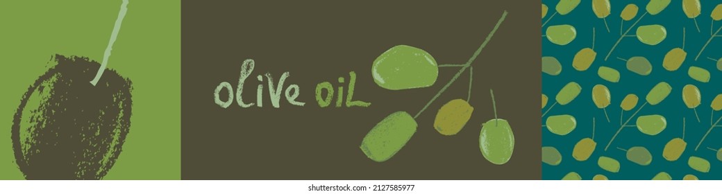 Vector green olive pattern seamless. Olives branch drawings for Italian Extra Virgin Olive Oil. Greek wallpaper. Rural food label, rustic decor. Vegan handmade soap. Vegetarian cosmetic background.