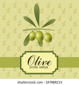 Vector green olives with leaves and label on a yellow background