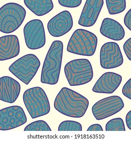 vector green and orange in blue outline ethnic freeform seamless pattern on white