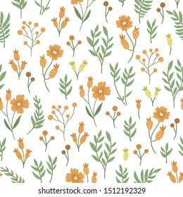 Vector green and orange floral seamless pattern. Hand drawn flat simple trendy illustration with flowers and leaves on white background. Repeating texture with meadow, garden, forest plants.