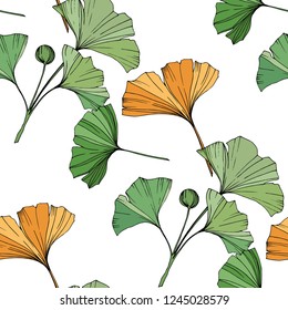 Vector. Green and orange ginkgo leaf. Leaf plant botanical garden floral foliage. Seamless background pattern. Fabric wallpaper print texture on white background.