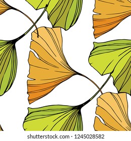 Vector. Green and orange ginkgo leaf. Leaf plant botanical garden floral foliage. Seamless background pattern. Fabric wallpaper print texture on white background.