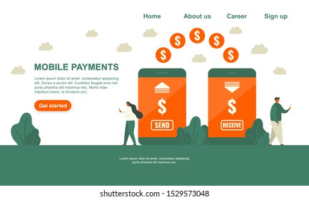 Vector green and orange illustration mobile payments landing page. A man and woman makes payments using the smartphone application. Isolated from white background.