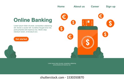 Vector green and orange illustration mobile payments landing page. Payments using the smartphone application. Isolated from white background.