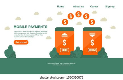 Vector green and orange illustration mobile payments landing page. Payments using the smartphone application. Isolated from white background.