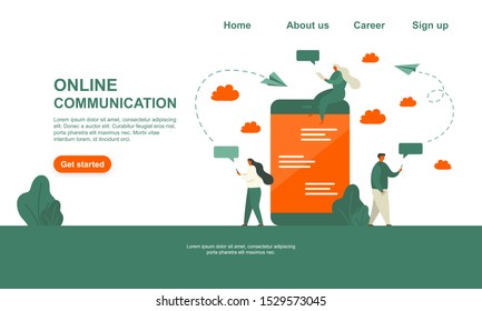 Vector green and orange illustration of online communication via the Internet, social networking, chat, search friends, sending messages isolated from white background.