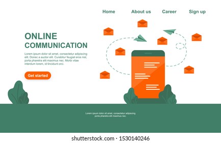 Vector green and orange illustration of online communication via the Internet, social networking, chat, search friends, sending messages isolated from white background.