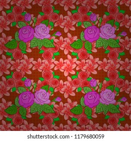 Vector green, orange and pink rose flowers seamless pattern on a red plumeria background.