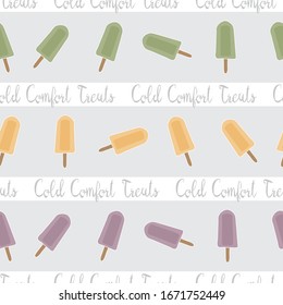 Vector Green Orange Purple Popsicles with Text on White Gray Stripes Background. Seamless Repeat Pattern. Background for textiles, cards, manufacturing, wallpapers, print, gift wrap and scrapbooking.