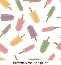 Vector Green Orange Red Purple Popsicles Scattered on White Background. Seamless Repeat Pattern. Background for textiles, cards, manufacturing, wallpapers, print, gift wrap and scrapbooking.