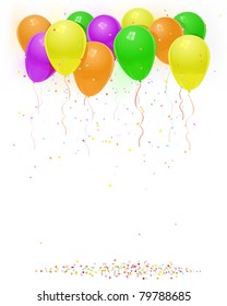 vector green orange yellow purple balloons with flying confetti birthday background