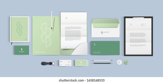 Vector Green Organic Eco Corporate Identity Brand. Template For Vegan Shop, Spa Salon Or Cosmetic Firm. Realistic Mockup Pure Color Light Style.