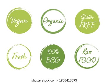 Vector green organic labels, bio emblems collection for menu or natural products packaging. Fresh vegan raw food eco friendly premium quality locally grown healthy food stickers on white.