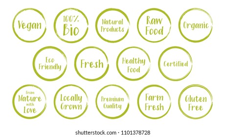 Vector green organic labels, eco emblems for restaurants menu, natural products packaging. Fresh, raw food, vegan, gluten free, eco friendly, premium quality, locally grown organic healthy food labels