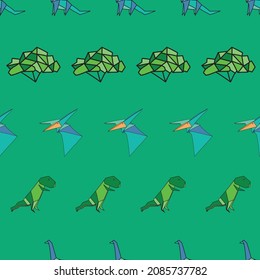 Vector Green Origami dinosaurs with trees background pattern