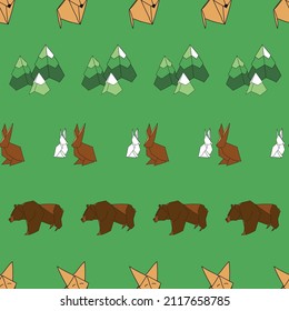 Vector Green Origami Winter animals background pattern