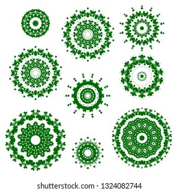 Vector Green Ornamental Circles. Oriental Geometric Ornaments on White Background