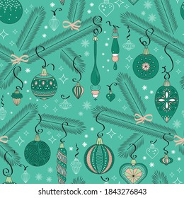 Vector green ornaments christmas seamless pattern print background.