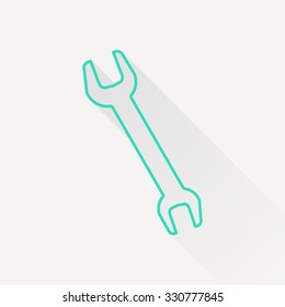 Vector green outline adjustable wrench icon on white background with long shadow 